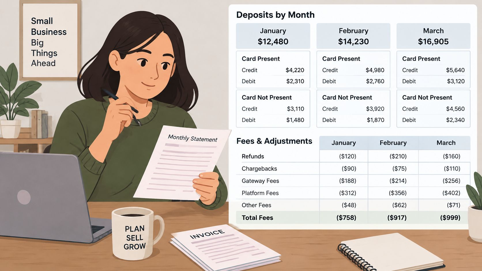 A woman analyzing her small business monthly financial statement and payment processing fee data at a desk.