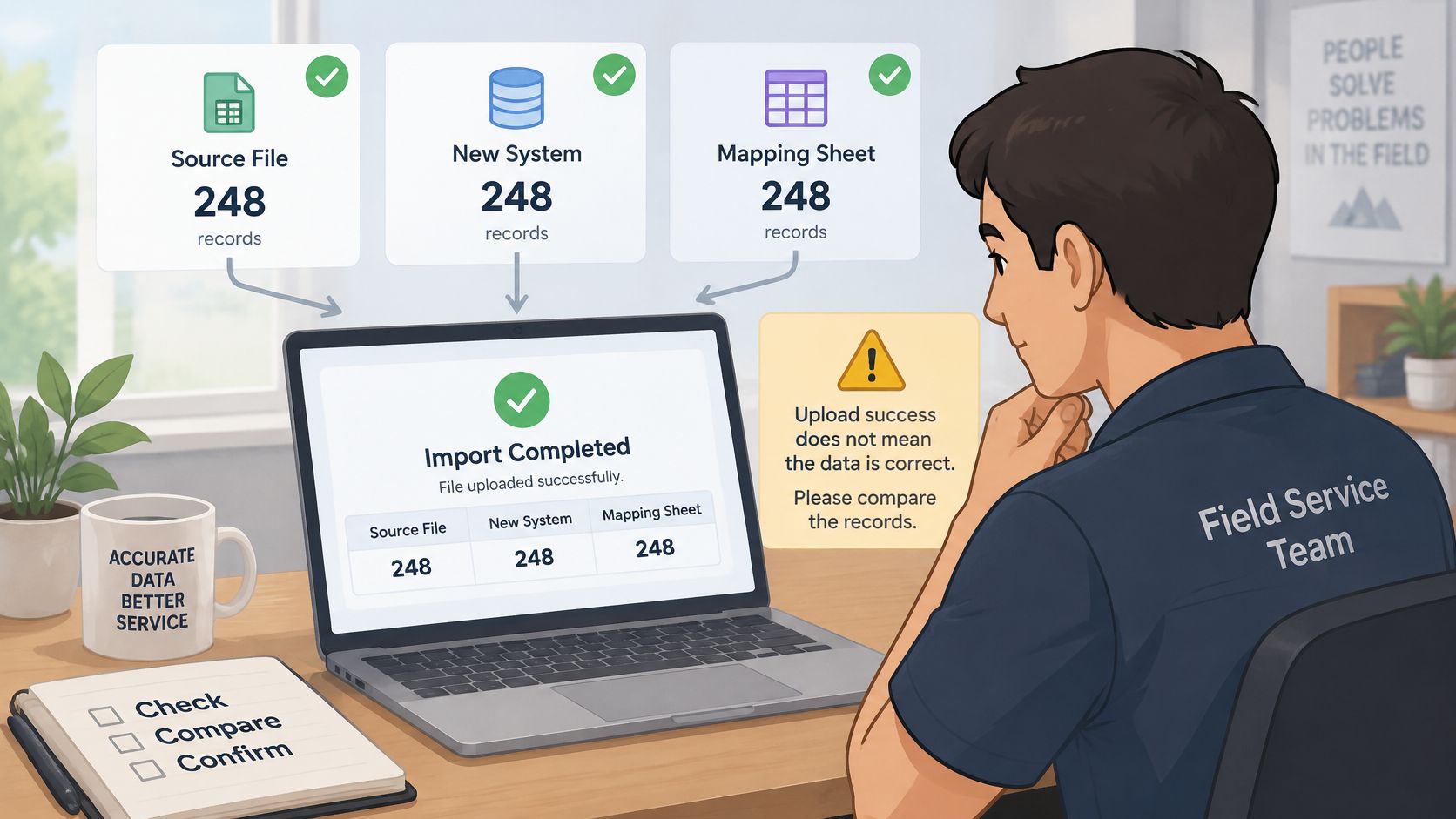 A person reviewing data import results on a laptop screen with checklists and record counts displayed.