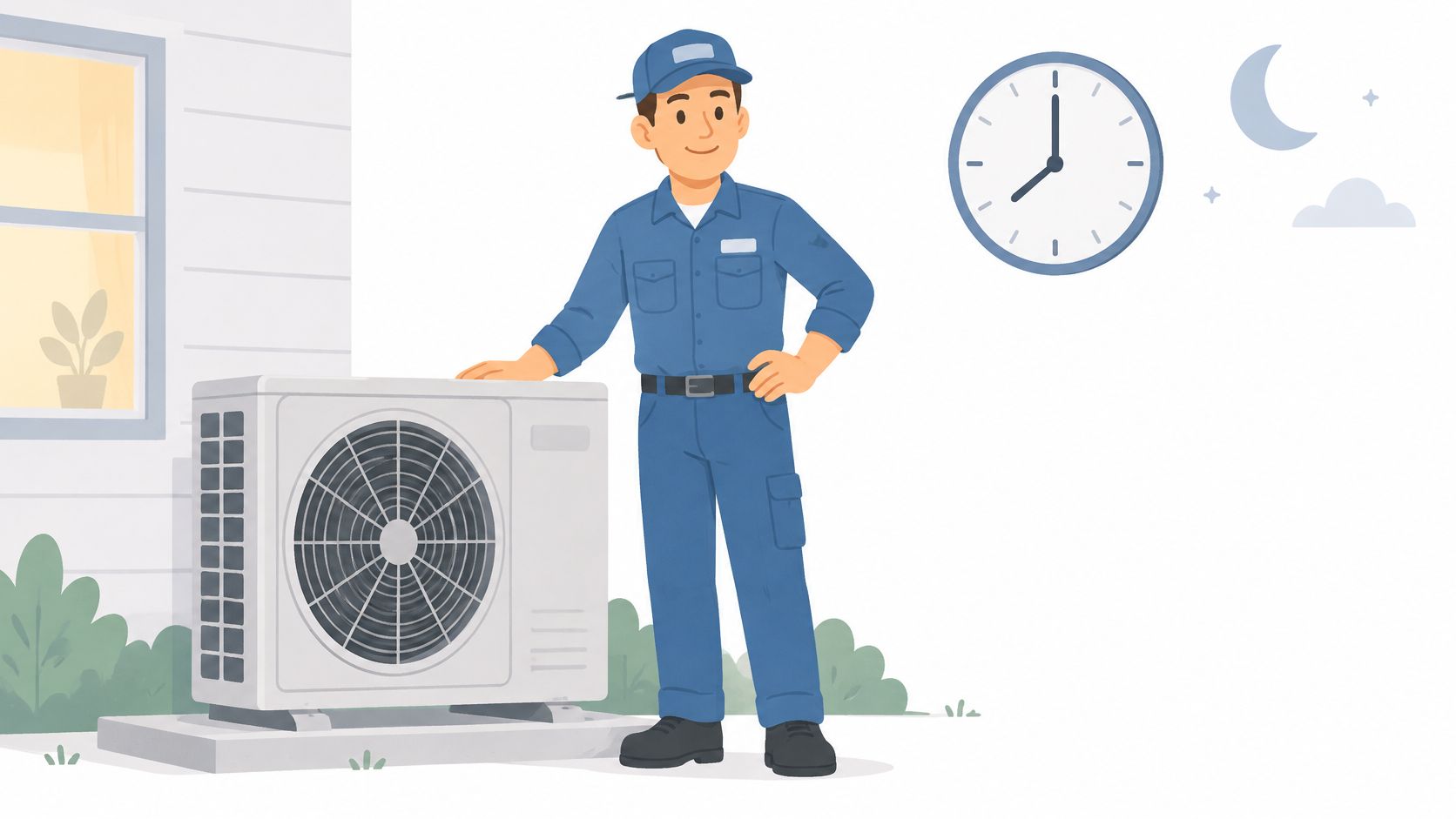A professional HVAC technician standing next to an outdoor air conditioning unit during the evening hours.