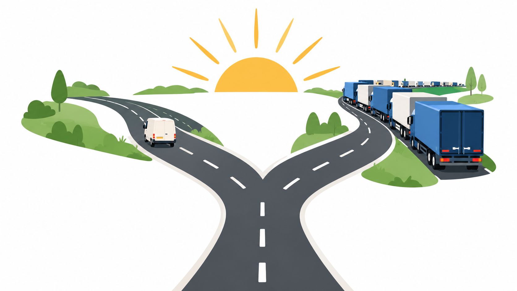 A split road with a white delivery van going left and a line of trucks going right.