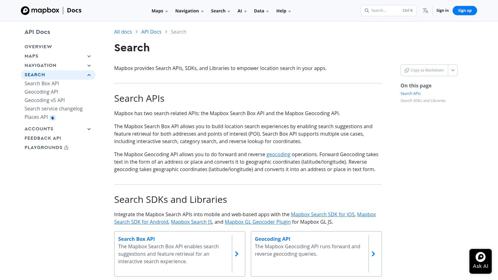 Mapbox Search API docs