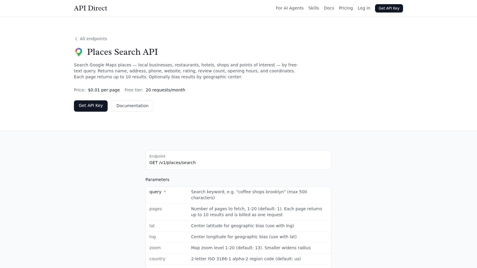 API Direct Places Search endpoint