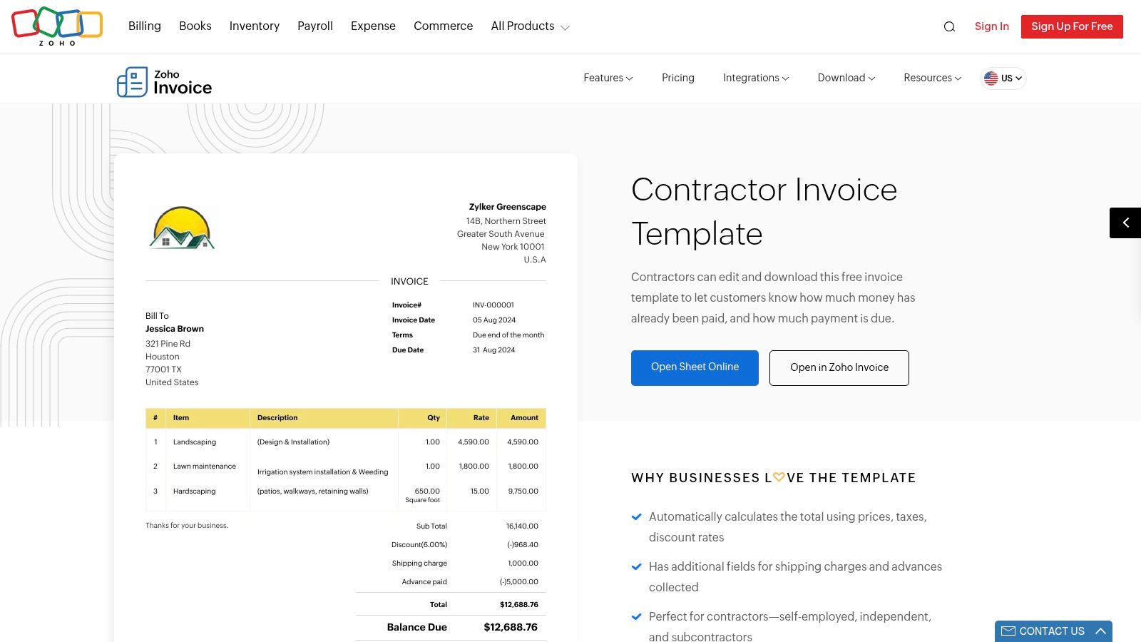 Zoho Invoice: Contractor Invoice Template