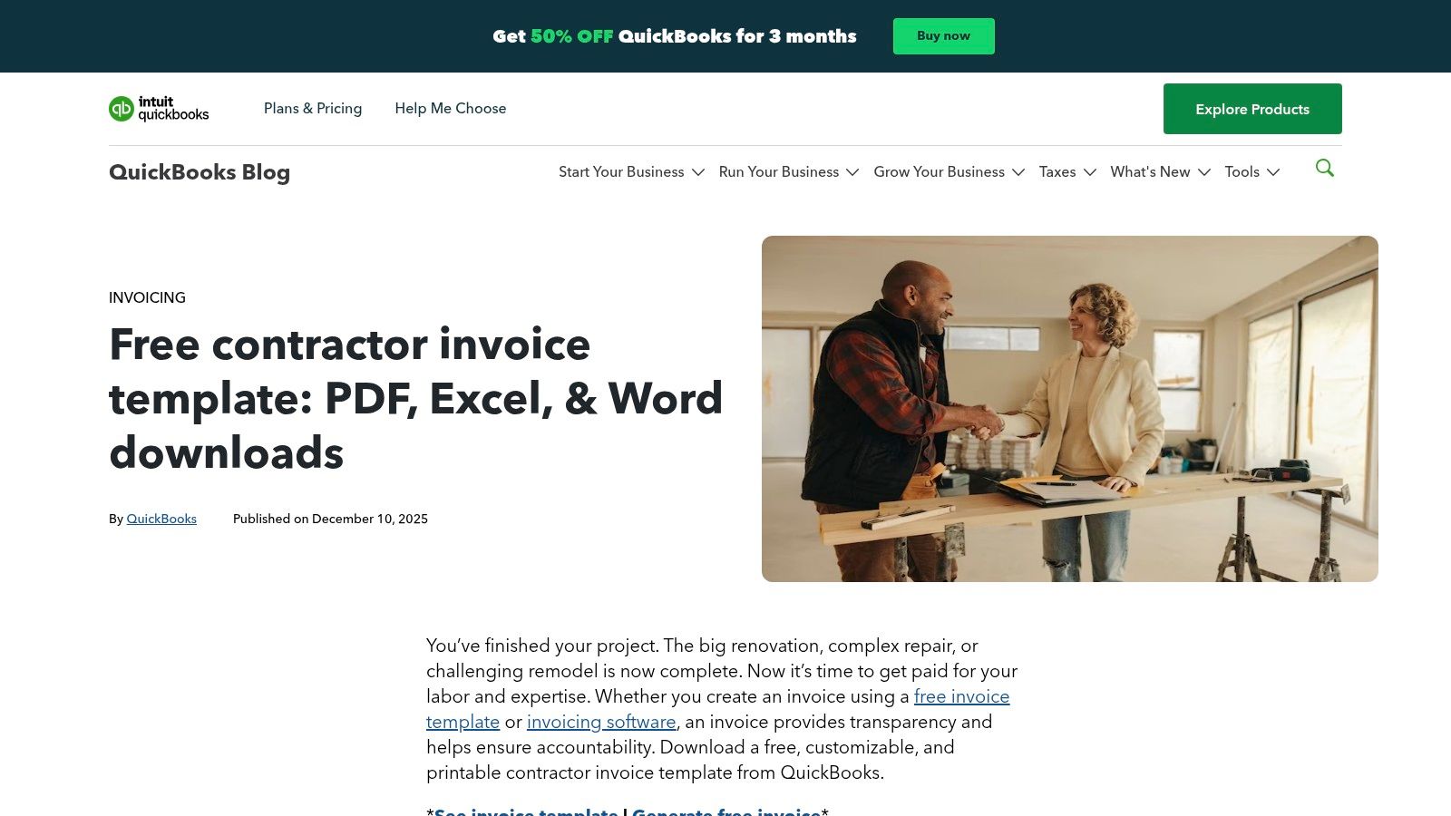 QuickBooks: Contractor Invoice Template