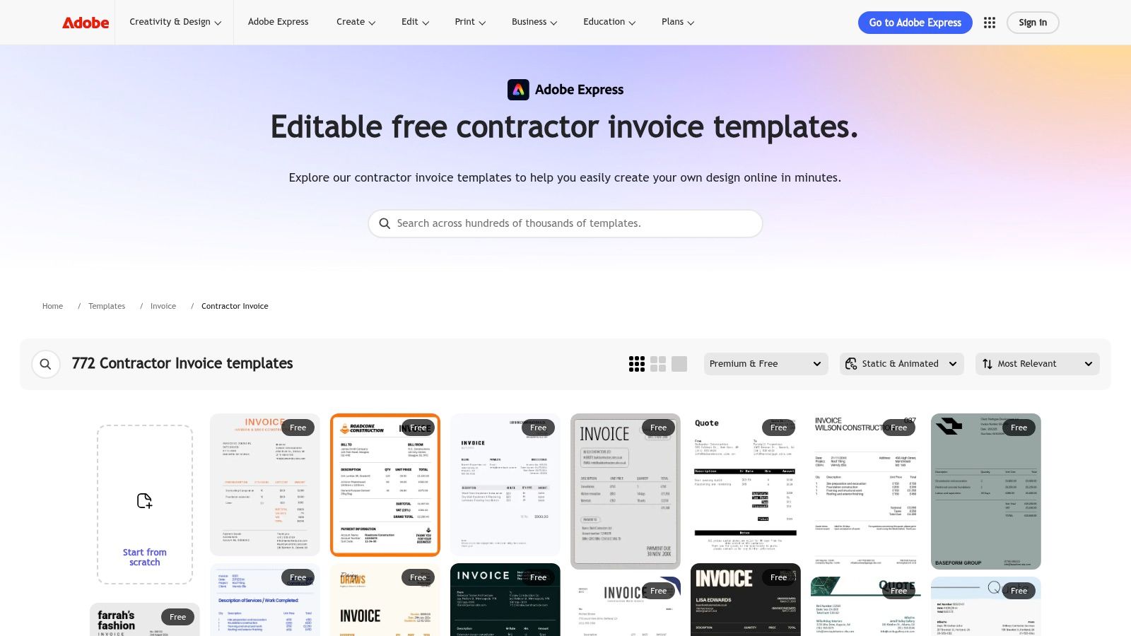 Adobe Express: Contractor Invoice Templates