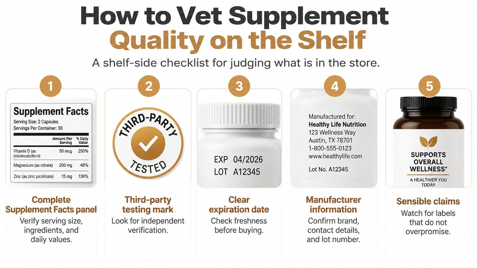 An infographic showing five essential steps to check for quality when buying health and wellness supplements.