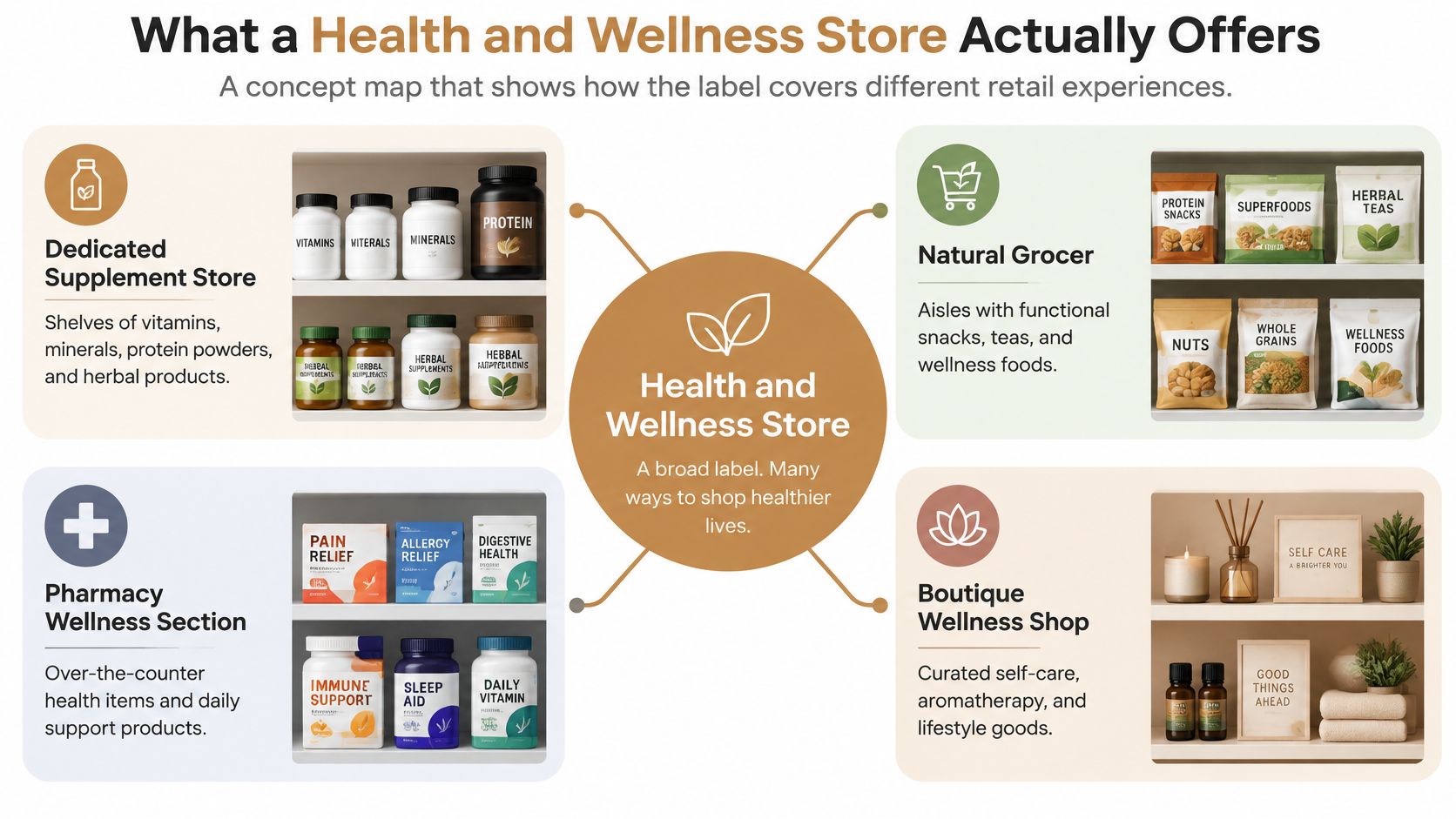 A concept map diagram showcasing four different types of retail health and wellness stores and their offerings.