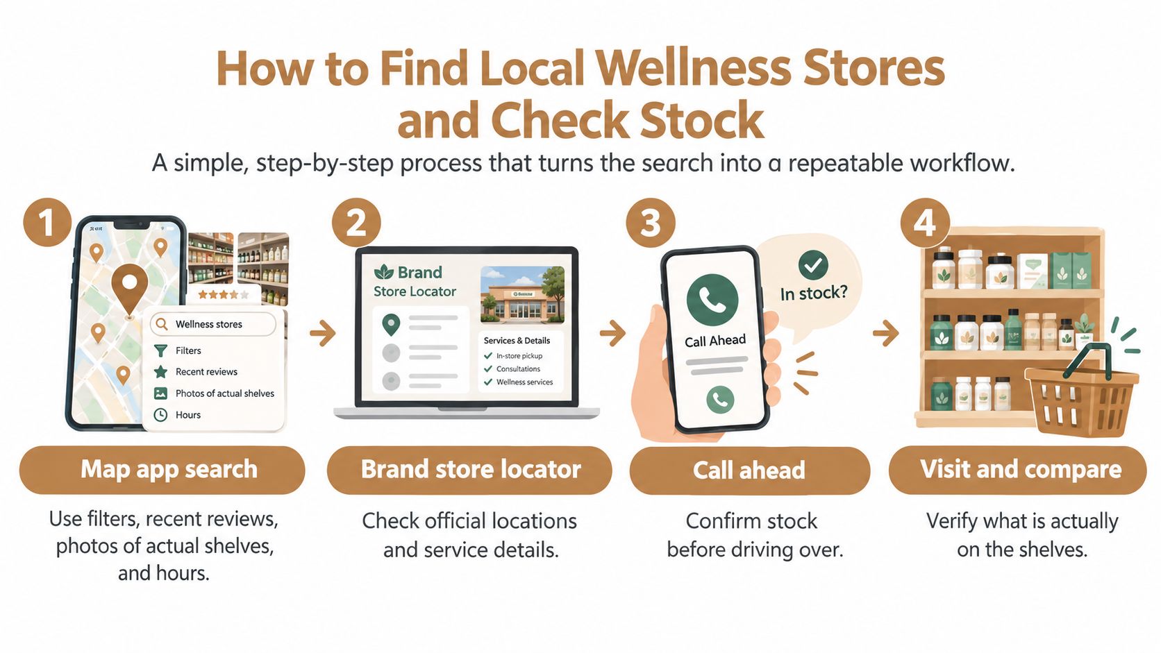 A four-step infographic illustrating how to find local wellness stores and confirm product stock availability.