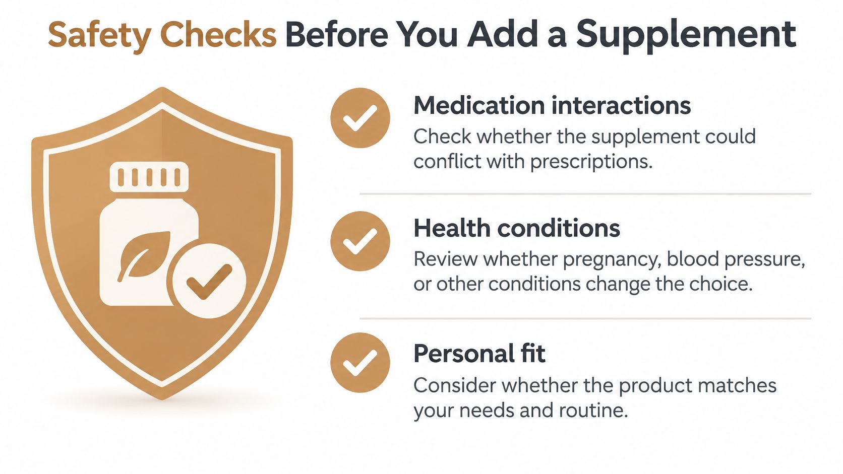 A safety checklist infographic for choosing supplements, highlighting medication interactions, health conditions, and personal fit considerations.
