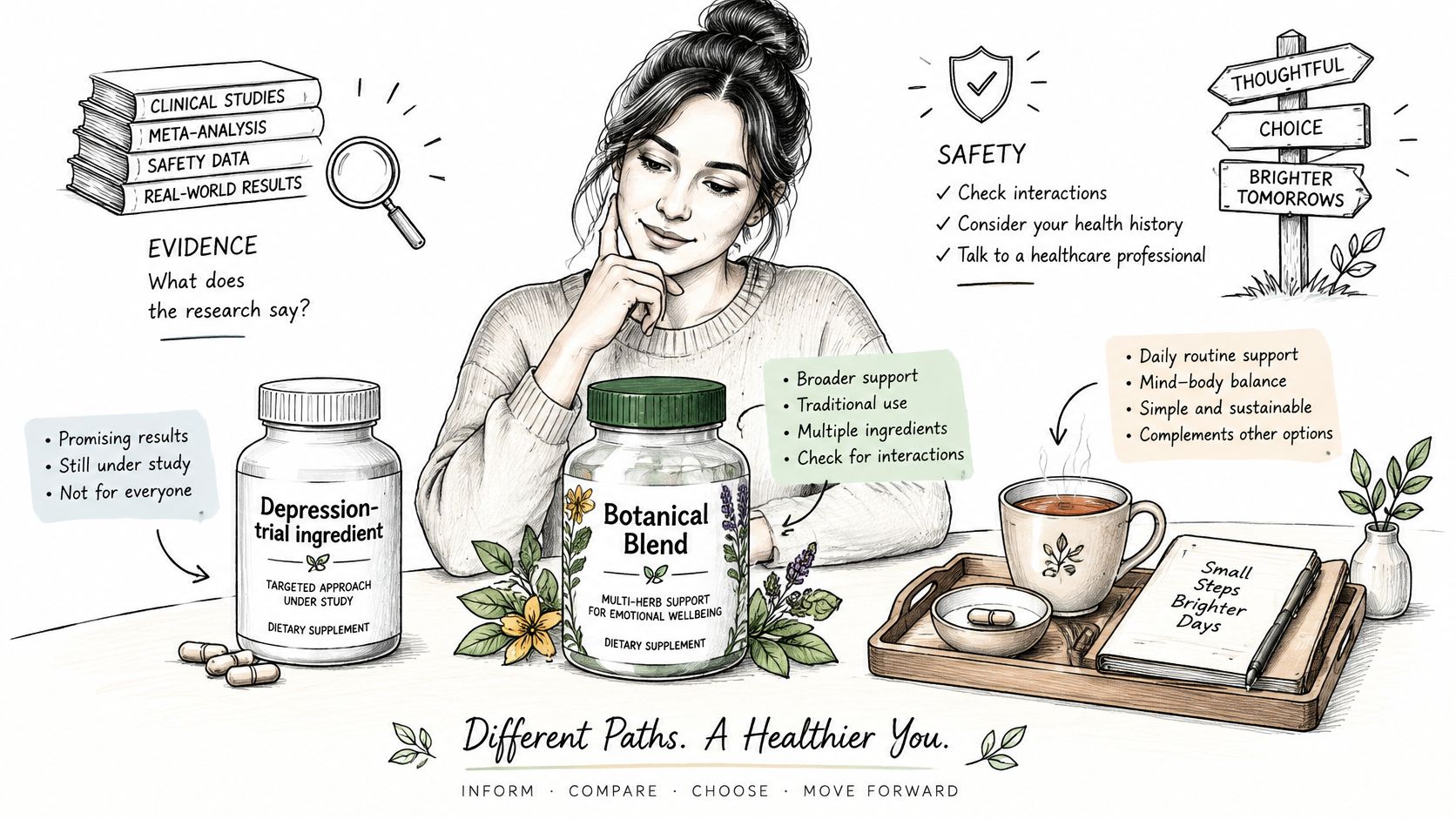 A woman considers different approaches to emotional wellbeing including botanical supplements, research evidence, and healthy daily habits.