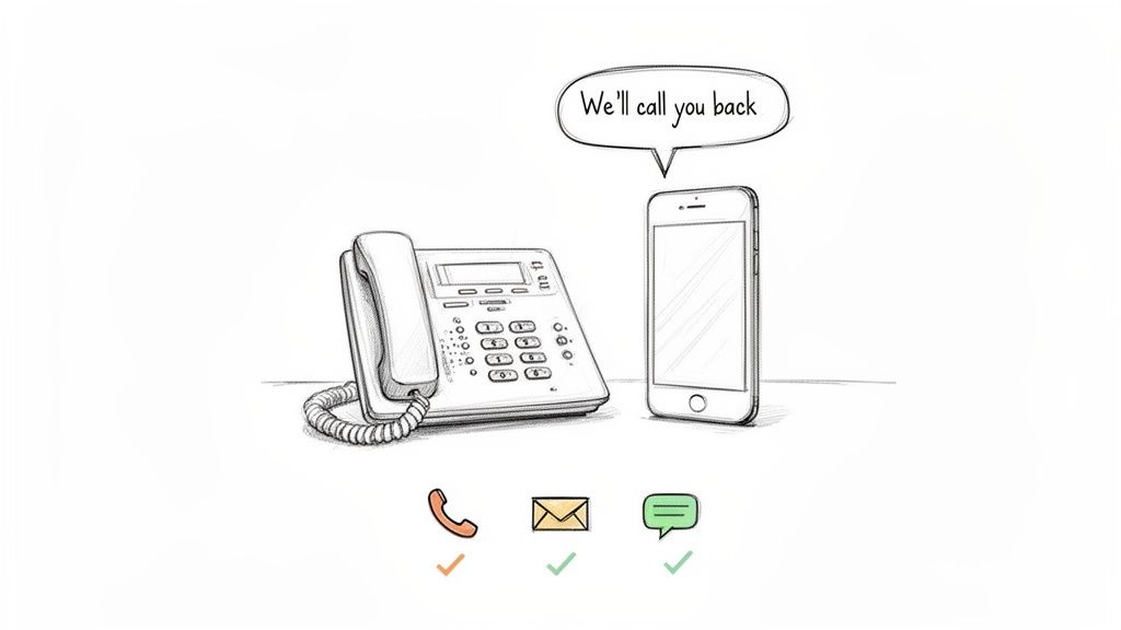 A sketch of a landline phone and smartphone showing 'We'll call you back' with communication icons.