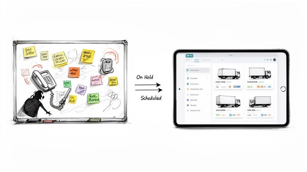Sketch of a chaotic whiteboard evolving into organized digital truck dispatch on a tablet.