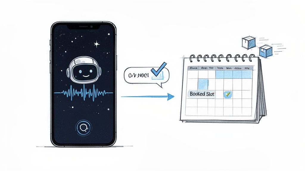 AI chatbot on a smartphone screen automates calendar booking, managing appointments and package deliveries.
