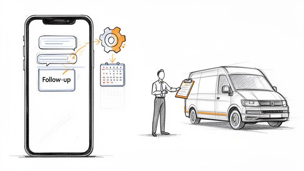 Digital process for follow-up calls shown on a smartphone, leading to a service person with a van.