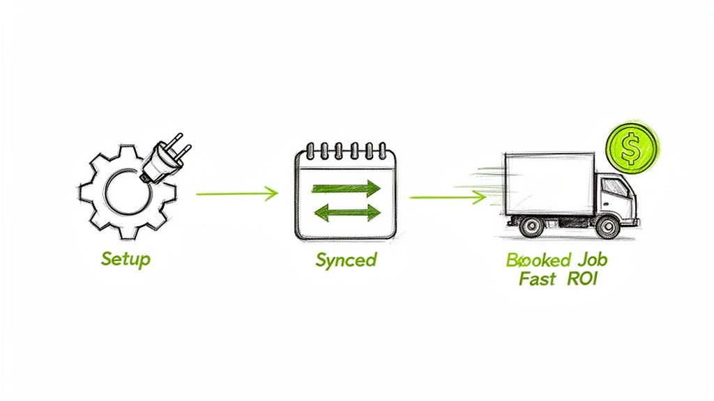 Green sketch illustration of a process: setup, syncing data, and successful booked jobs with fast ROI.