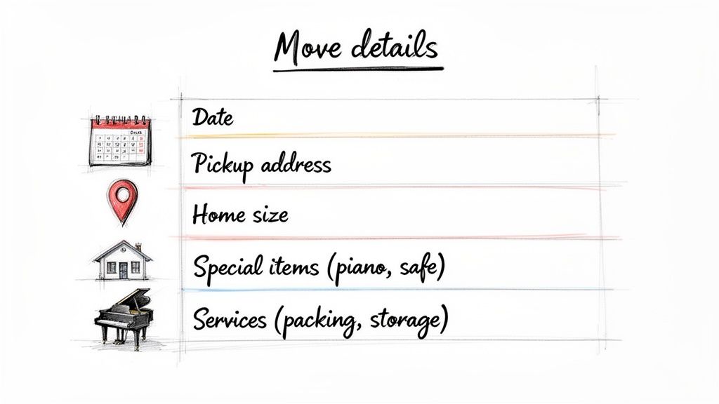 A handwritten checklist titled 'Move details' with entries for date, pickup address, home size, special items, and services.