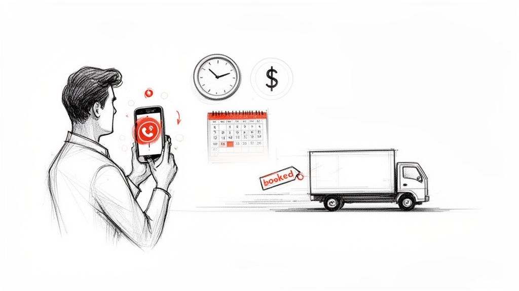 A man uses a smartphone to book a delivery truck, with symbols for time, cost, and a booked calendar.