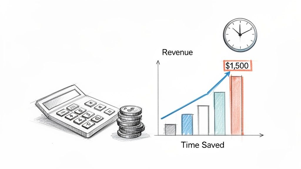 Sketch of a calculator, stacked coins, a clock, and a bar chart illustrating revenue increasing with time saved.