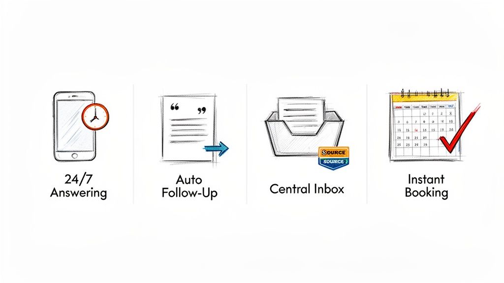 Illustrative sketches showing 24/7 answering, auto follow-up, central inbox, and instant booking features.