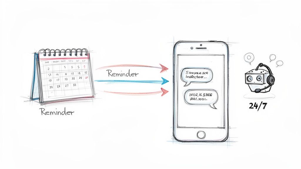 A sketch illustrating a calendar linked to a smartphone and a 24/7 chatbot for appointment reminders.