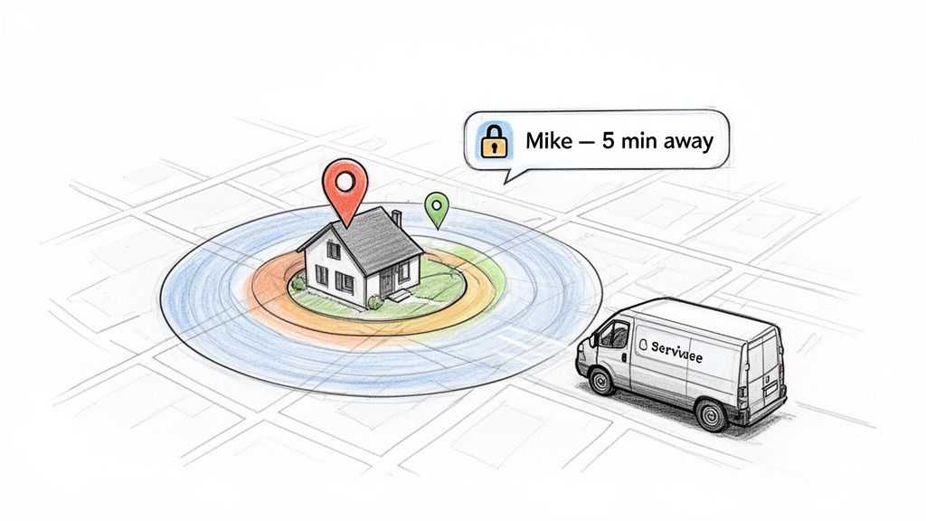 Illustration of a house on a map with geofence zones, a service van, and a 'Mike - 5 min away' alert.