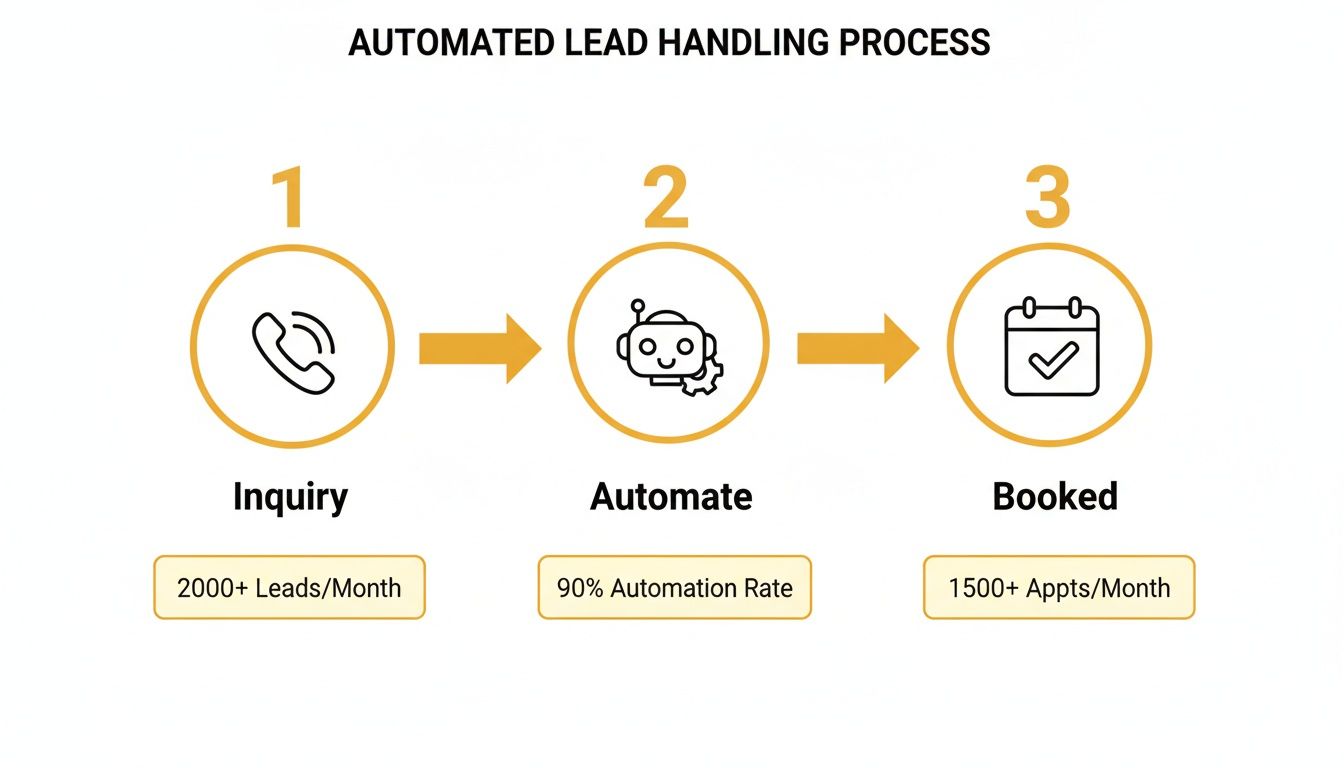 Infographic detailing an automated lead management process from inquiry to booked appointments.