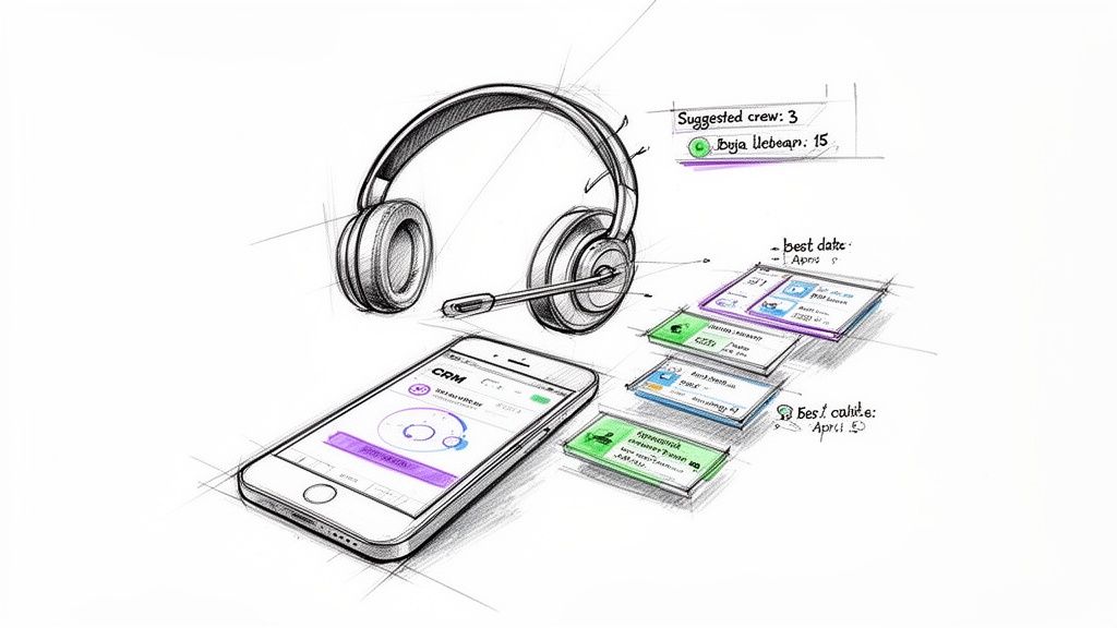 A sketch illustrating a headset, a smartphone with a CRM app, and call management features.