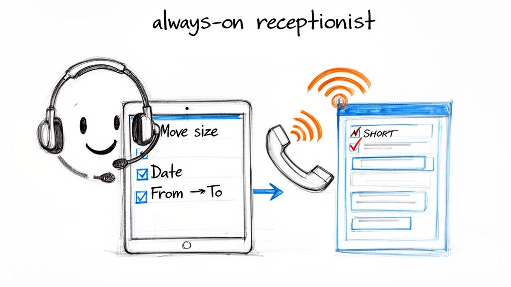 Illustration of an always-on receptionist, a virtual agent processing call details for a move, forwarding to a task.