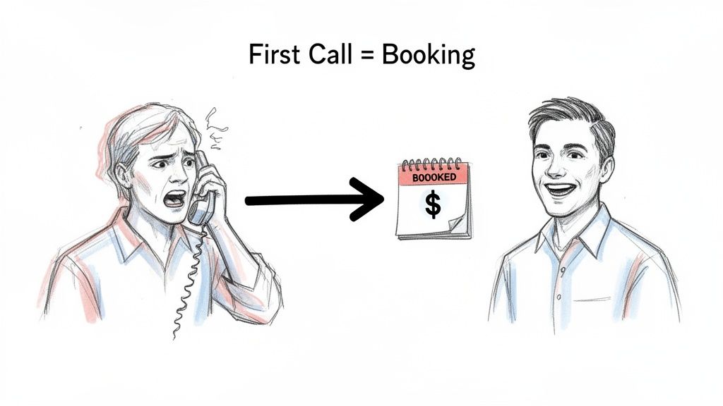 Illustration showing a stressed man on a phone call leading to a booked calendar with money, then a happy man.