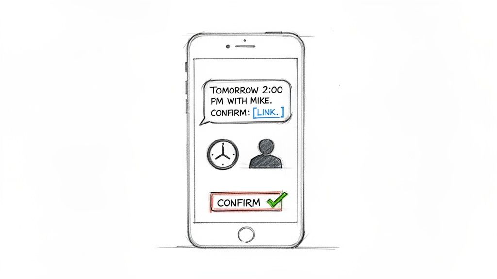A smartphone displaying an SMS appointment reminder for a move with a confirmation link.