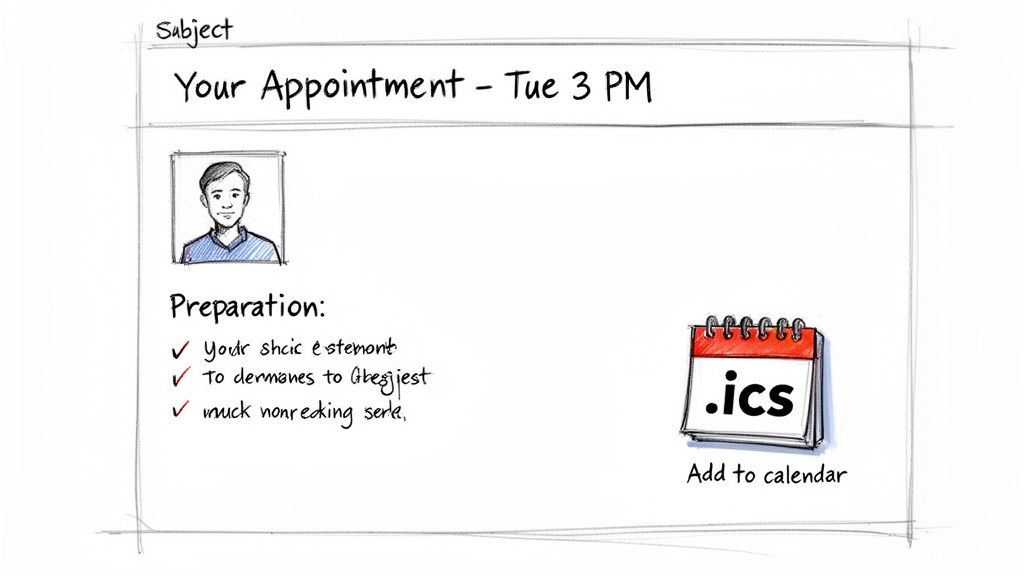 A hand-drawn appointment reminder message showing a person's sketch, preparation steps, and a calendar invite.