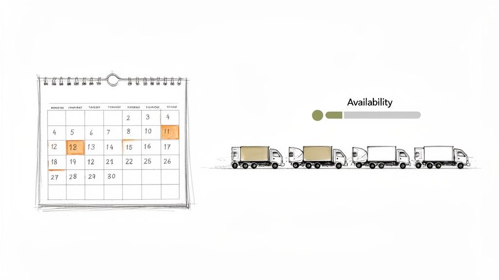 A sketch-style calendar showing highlighted dates, beside a line of delivery trucks and an availability progress bar.