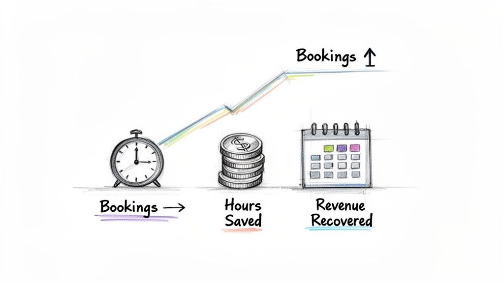 A hand-drawn diagram illustrating a rising graph of bookings, alongside icons representing hours saved and revenue recovered.