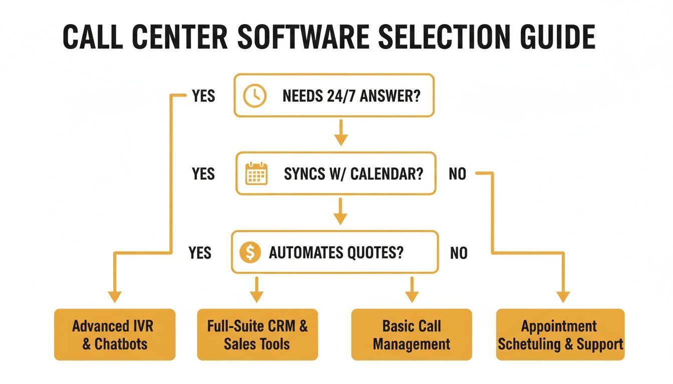 Flowchart guiding call center software selection based on needs like 24/7 answer, calendar sync, and automated quotes.