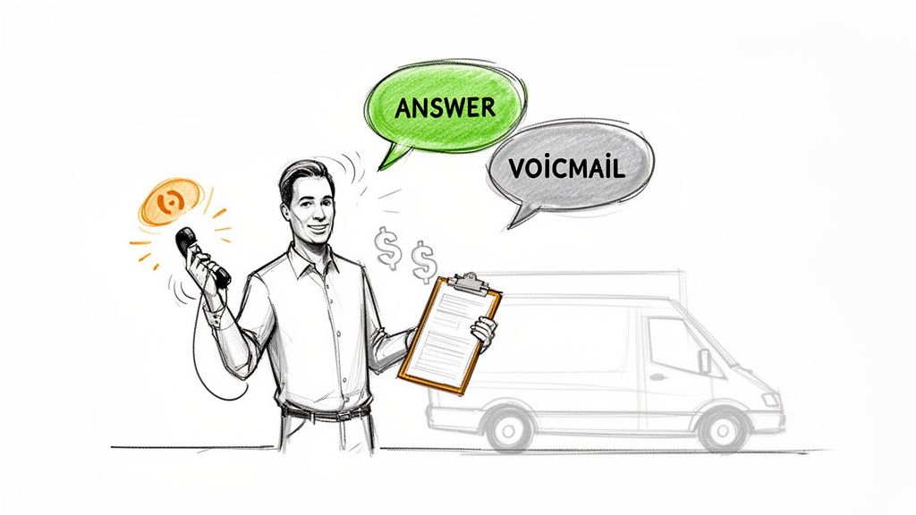 Illustration of a man holding a microphone and clipboard, with 'ANSWER' and 'voicMAIL' speech bubbles, and a delivery van.