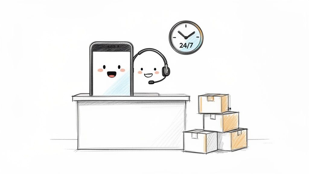 Cute cartoon smartphone and headset character at desk, offering 24/7 service next to delivery boxes.