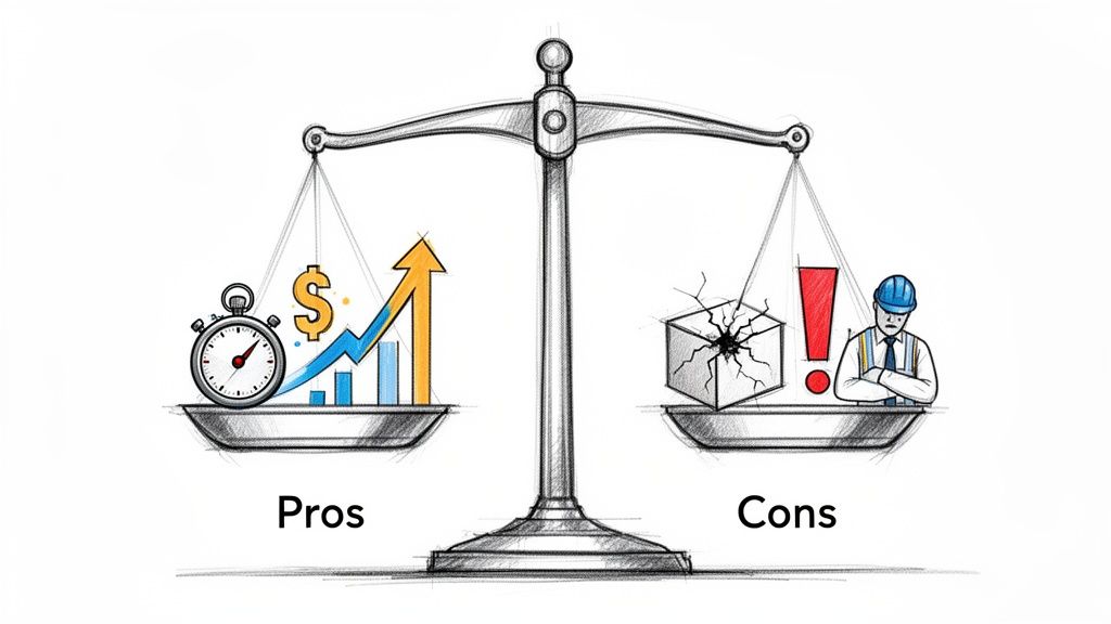 An illustration of a balance scale depicting pros (time, money, growth) and cons (damage, warnings, worker stress).