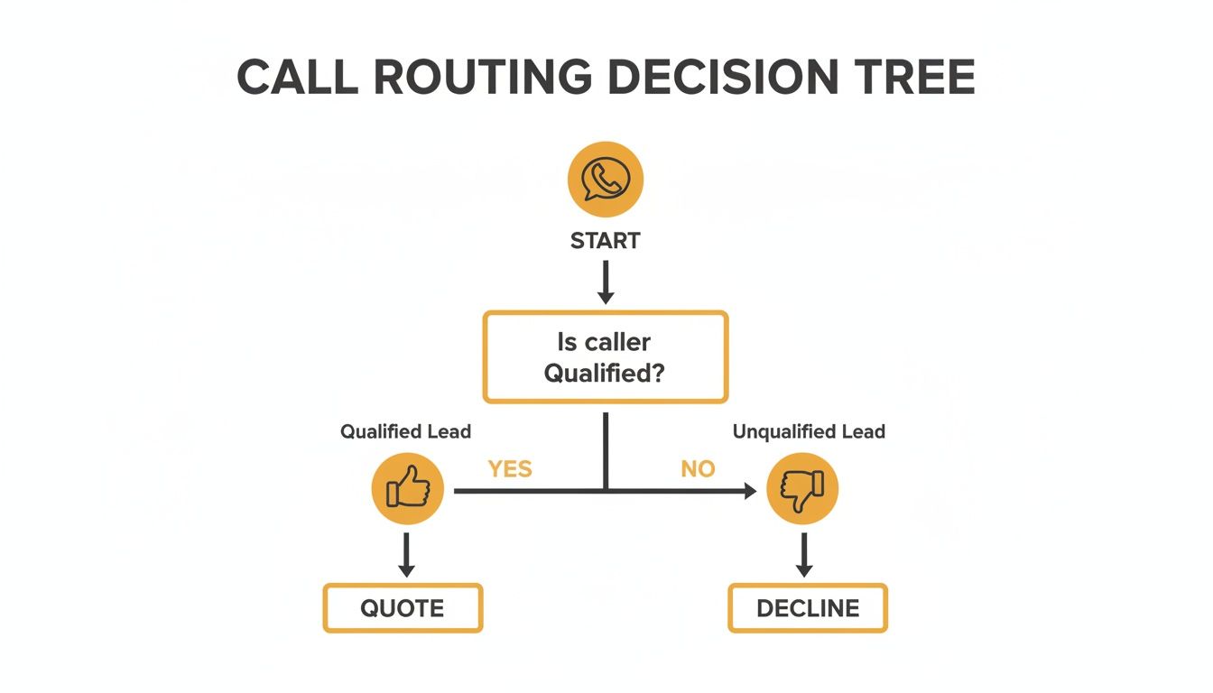 A call routing decision tree flowchart showing how to qualify leads for quotes or decline calls.