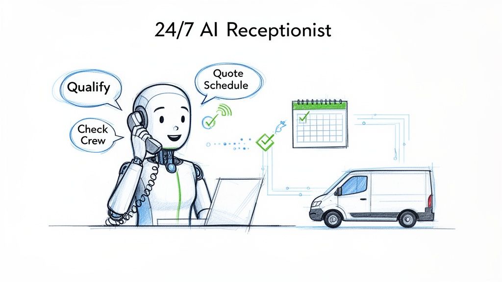 An AI robot receptionist handles calls, qualifying leads, checking crew, and scheduling services for a delivery van.