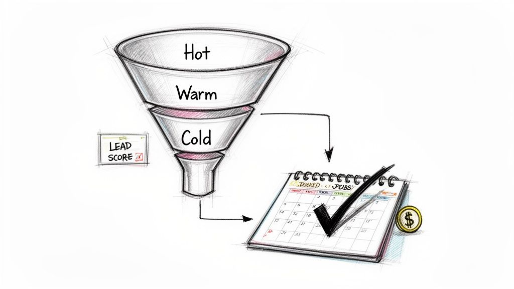 A sales funnel illustrating lead qualification from hot to cold, leading to a calendar checkmark and money.