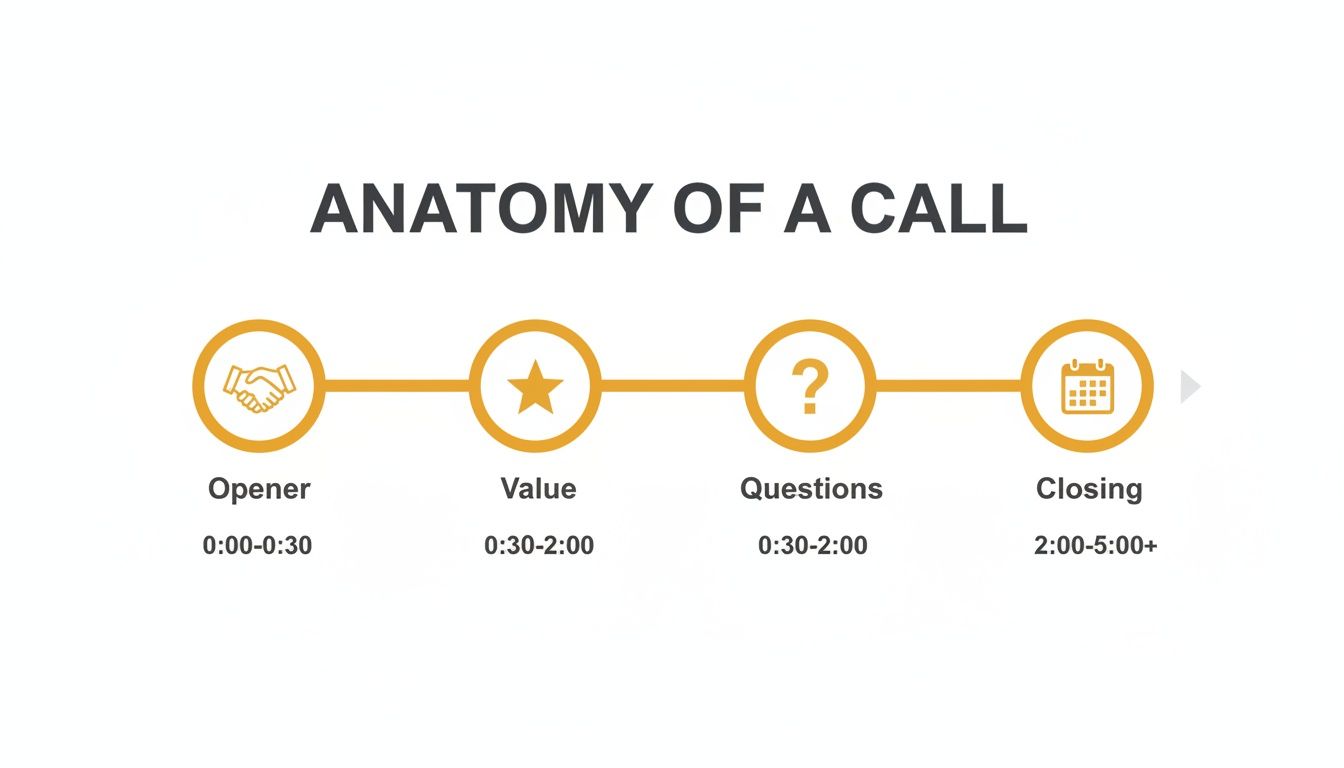 Diagram illustrating the anatomy of a call, outlining opener, value, questions, and closing stages with timeframes.
