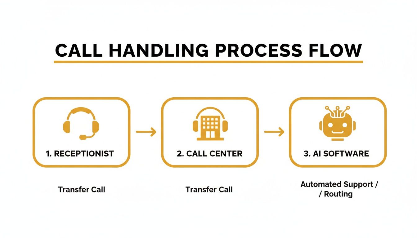 A diagram illustrating a call handling process flow, moving from receptionist to call center and then to AI software.