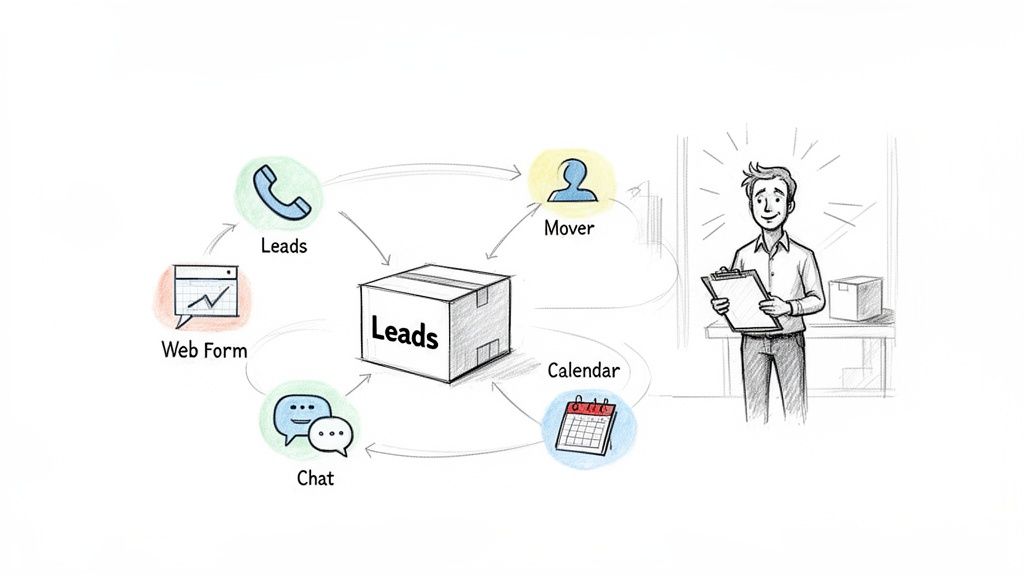 Sketch of a lead management system showing sources, a 'Leads' box, and a person handling tasks.