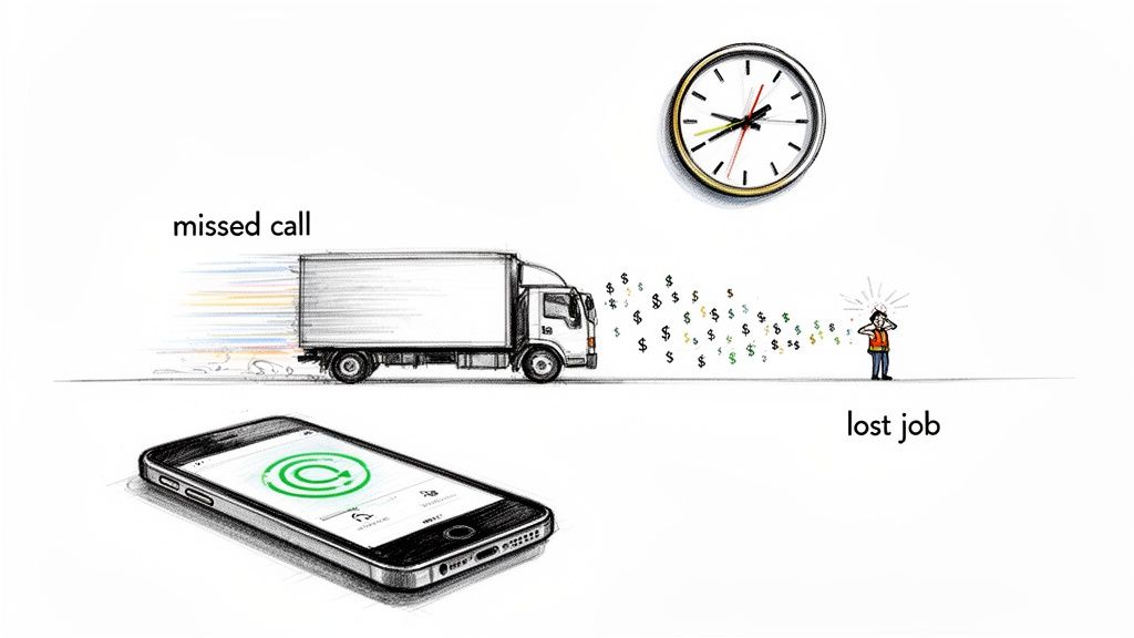 A missed call on a phone leads to a truck driving away, money flying, and a person with a lost job.