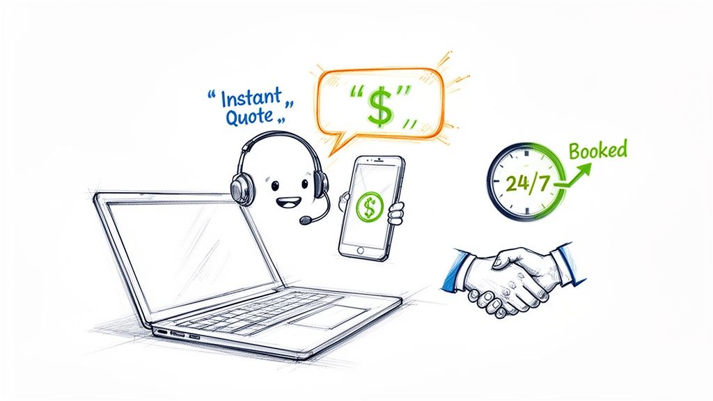 Illustration of instant quote and 24/7 booking process with laptop, phone, customer service, and handshake.