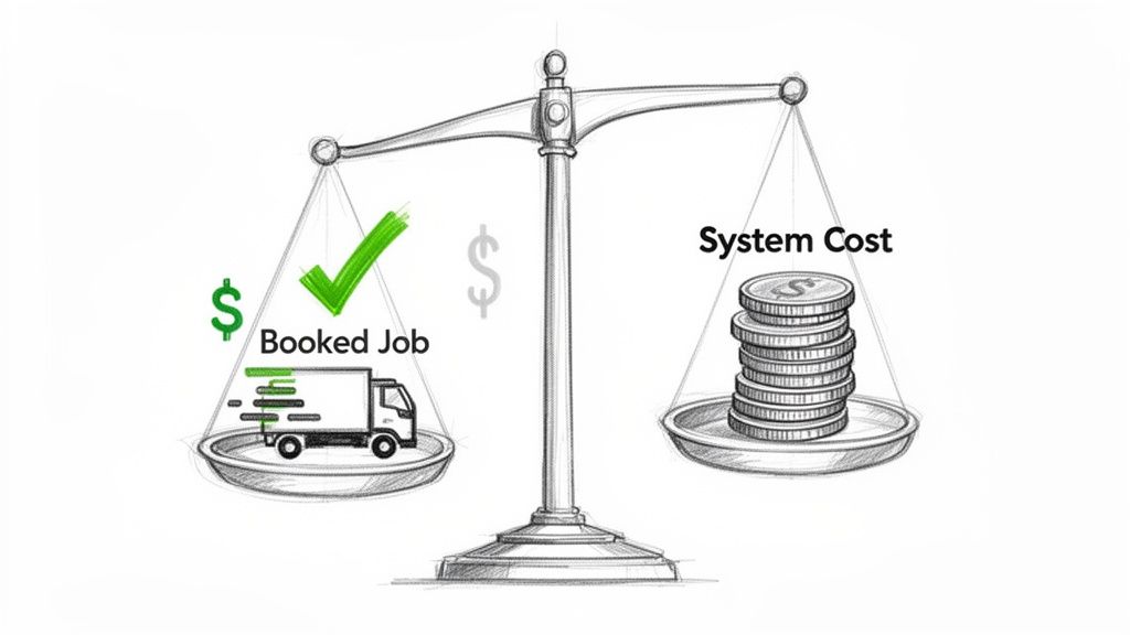 A balance scale illustrating a "Booked Job" outweighing the "System Cost", symbolizing value.