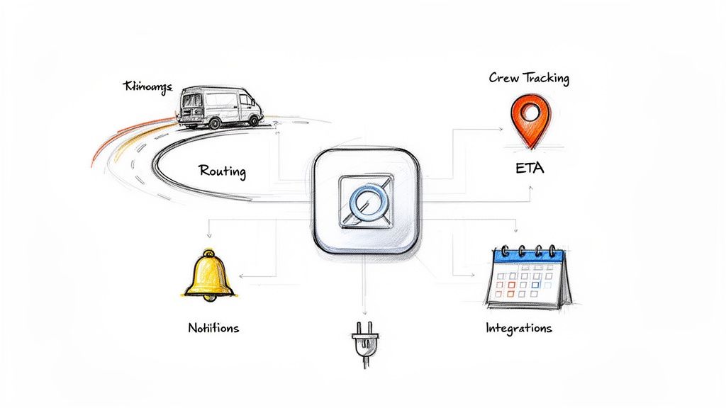 An illustrative sketch of dispatch software features: routing, crew tracking, ETA, notifications, and integrations.