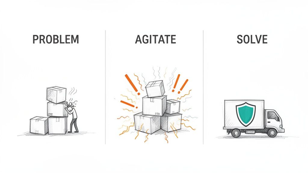 A three-panel illustration depicting problem, agitation with boxes, and a solution with a secure delivery truck.