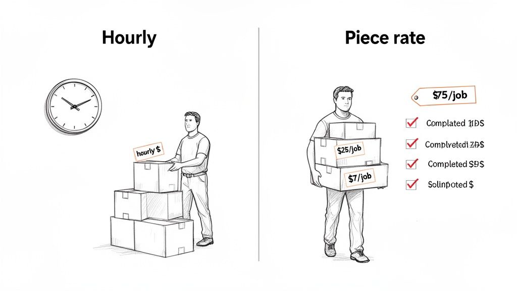 Illustration comparing hourly pay (clock, hourly label) and piece rate pay (man with labeled boxes, job checklist).