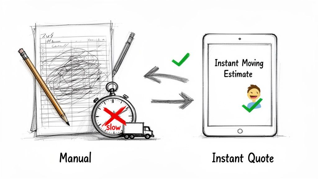 Comparison of manual, slow moving estimates with instant, efficient digital quotes on a tablet.